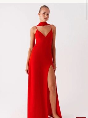 Peppermayo Red V-Neck Maxi Dress with High Slit